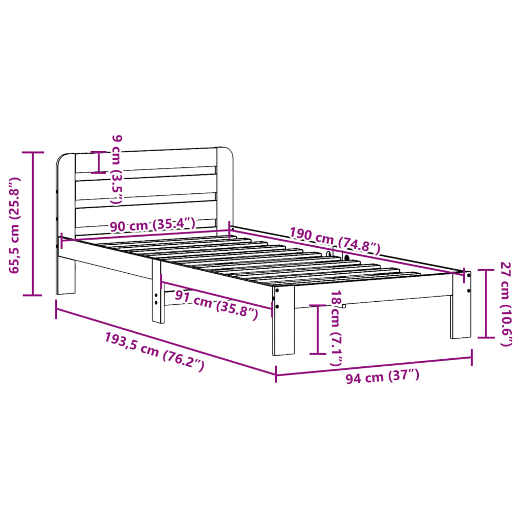 Solid wood bed without mattress white 90x190 cm pinewood