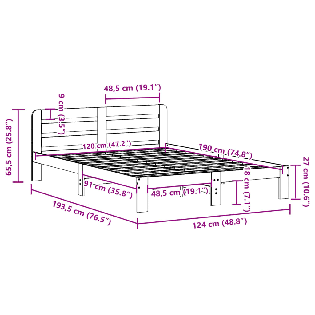 Solid wood bed without mattress 120x190 cm pinewood