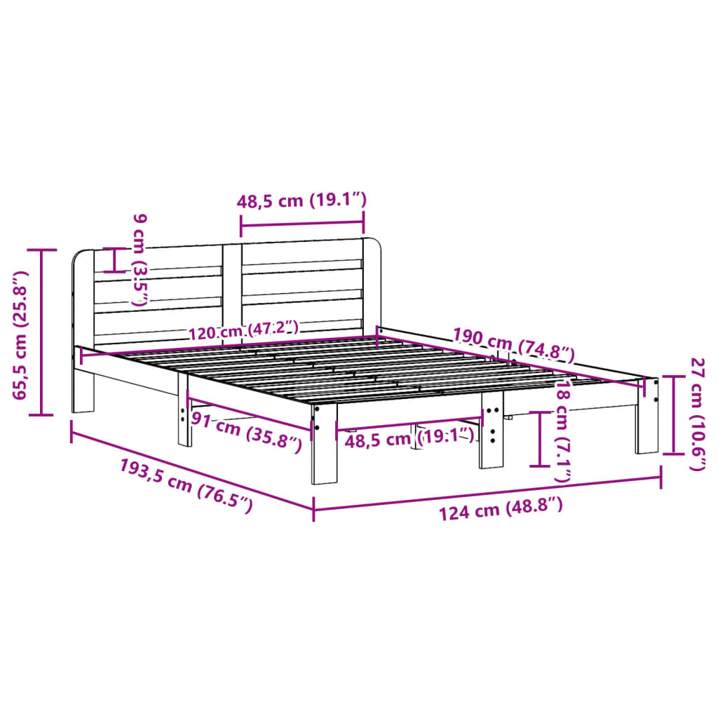 Solid wood bed without mattress wax brown 120x190 cm pinewood