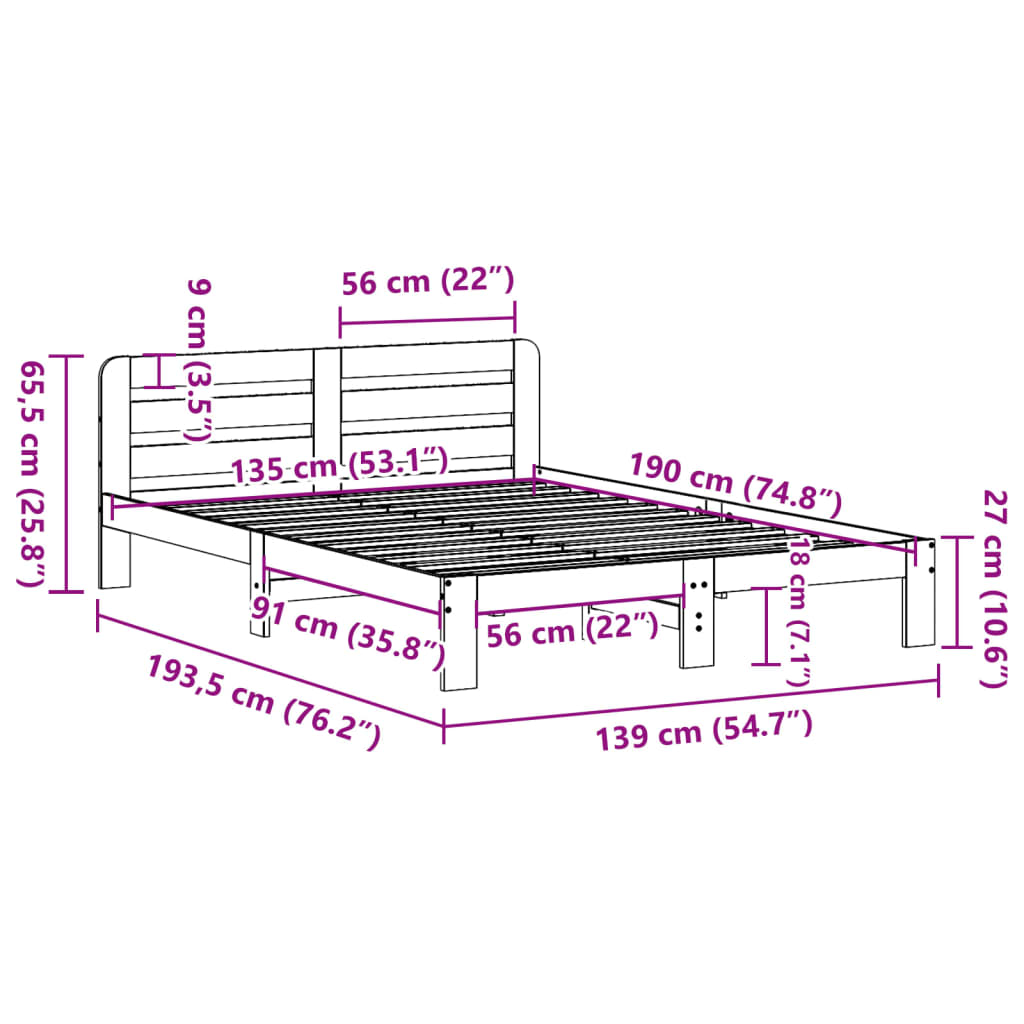 Solid wood bed without mattress 135x190 cm pinewood