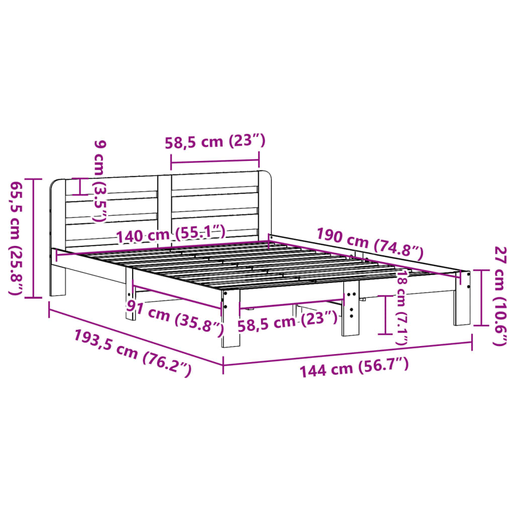 Solid wood bed without mattress wax brown 140x190 cm pinewood