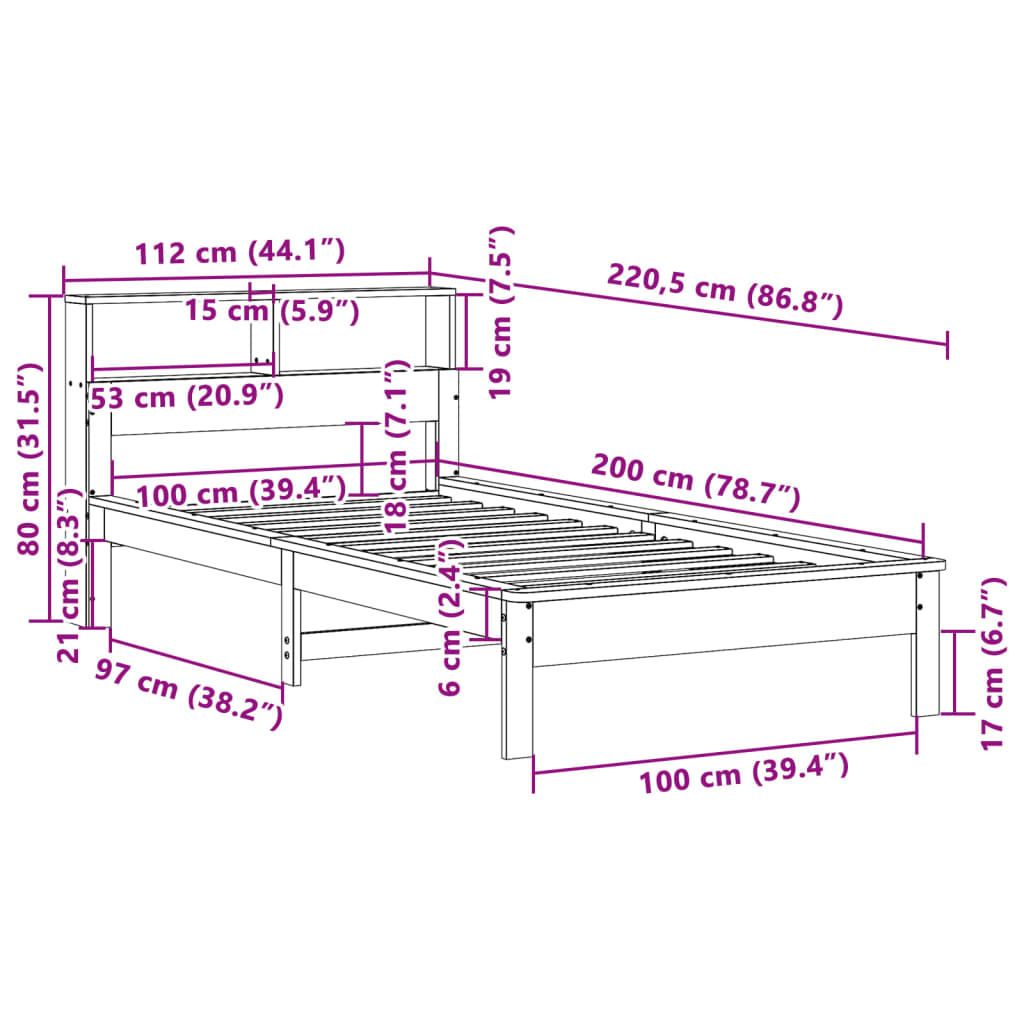 Solid wood bed with shelf without mattress 100x200 cm pine