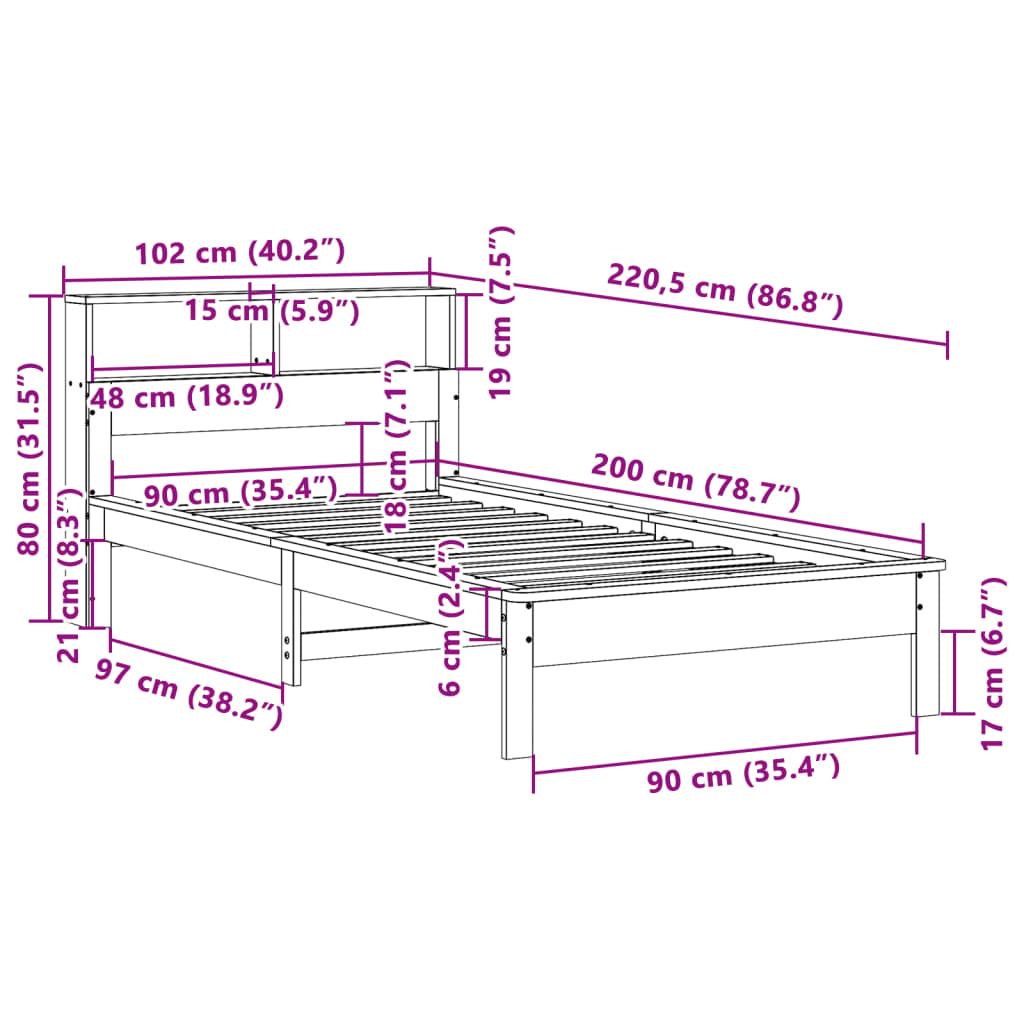 Solid wood bed with shelf without mattress 90x200 cm pine