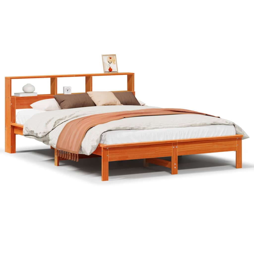 Solid wood bed with shelf without mattress wax brown 120x190 cm