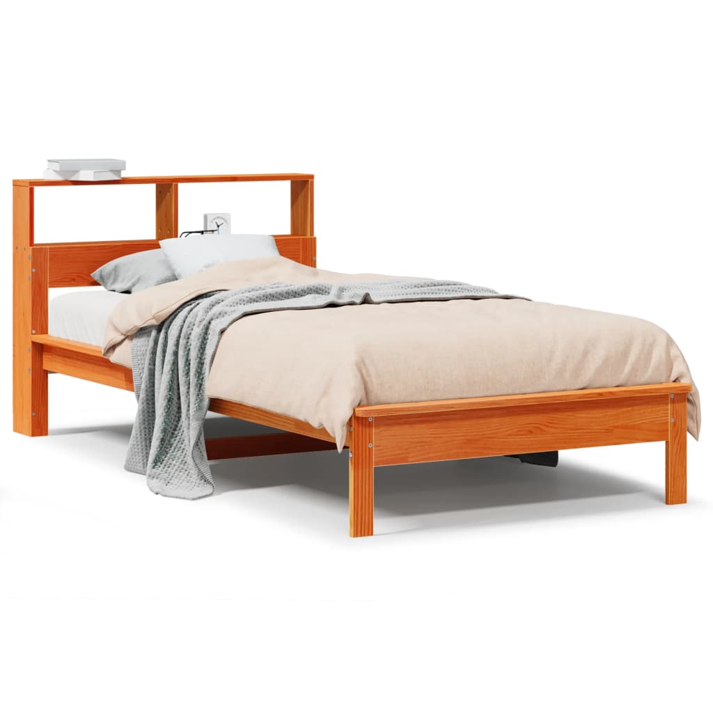 Solid wood bed with shelf without mattress wax brown 90x190 cm