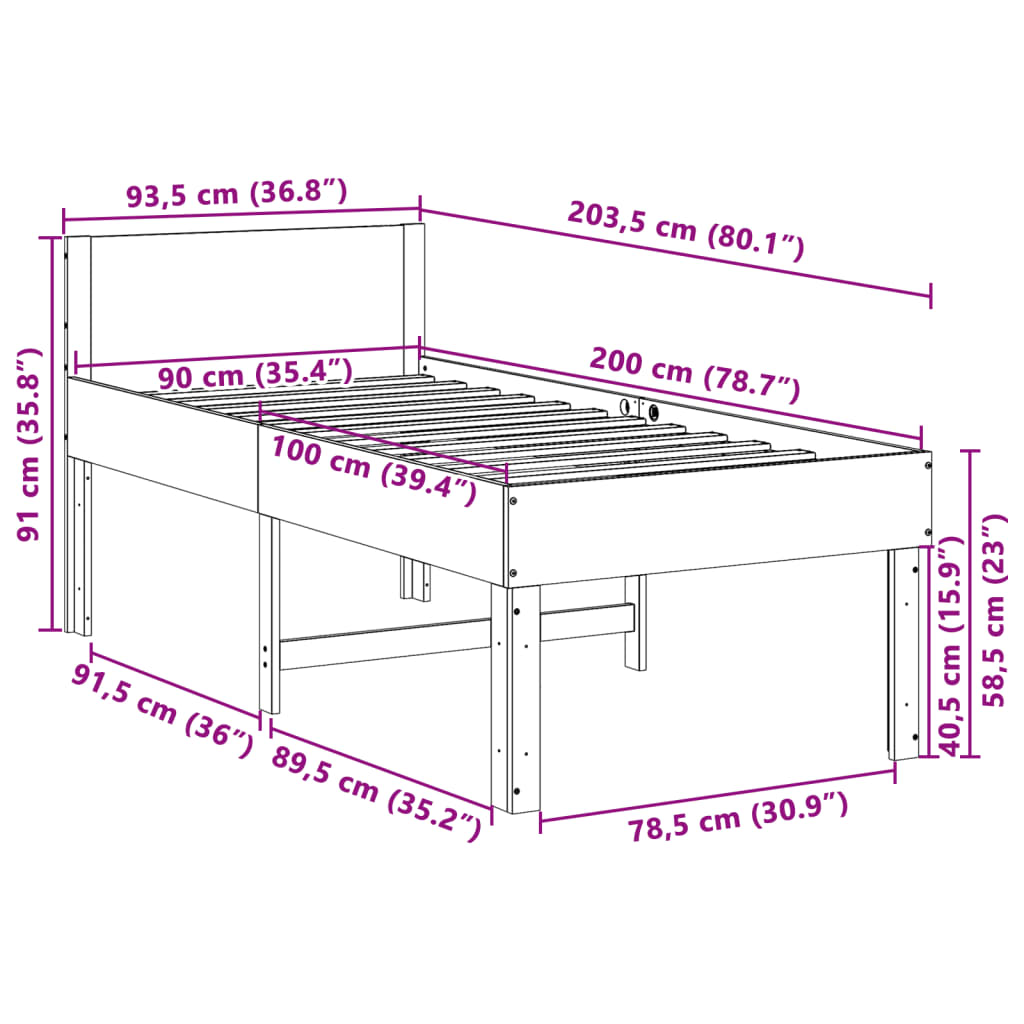 Solid wood bed without mattress 90x200 pinewood