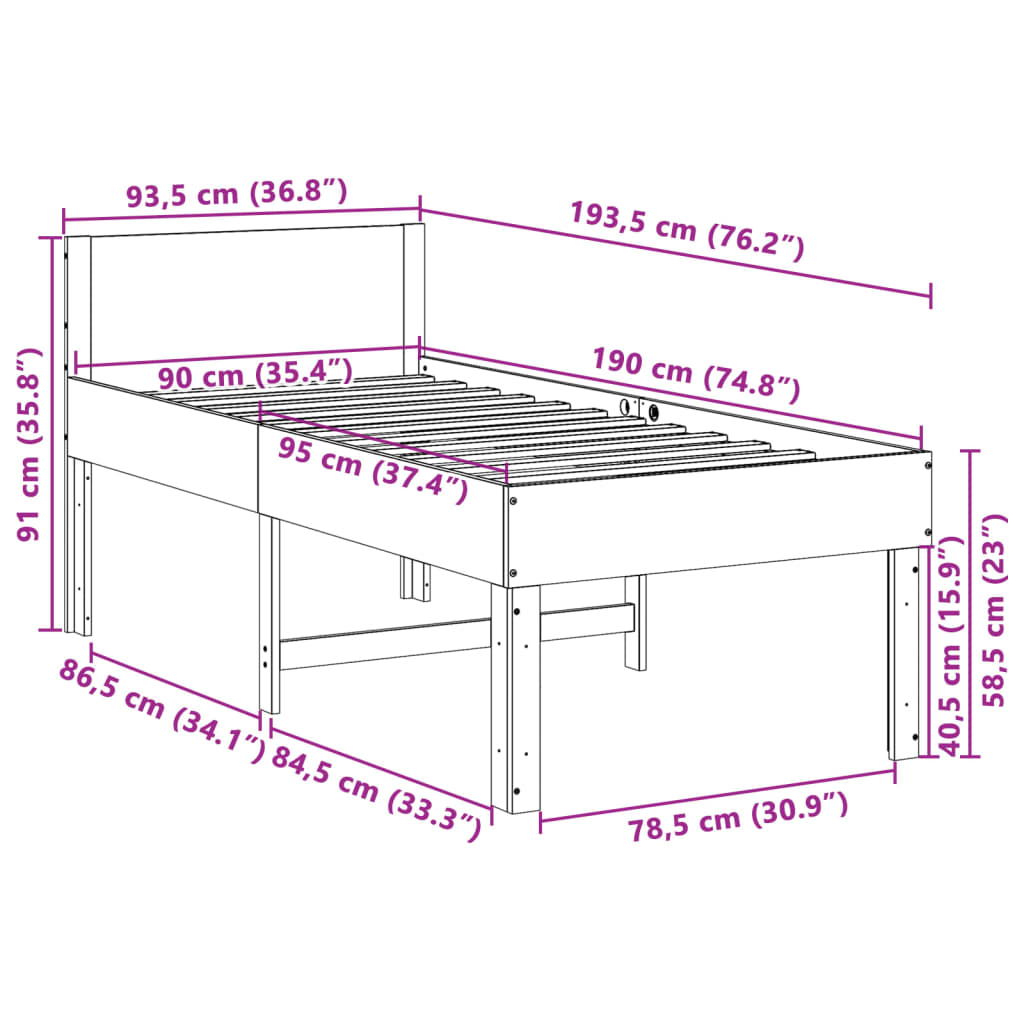 Solid wood bed without mattress wax brown 90x190 cm pinewood