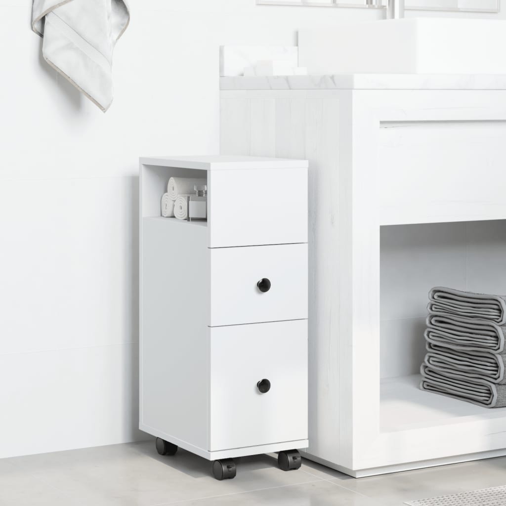 Bathroom Cabinet Narrow with Wheels White Wood Material