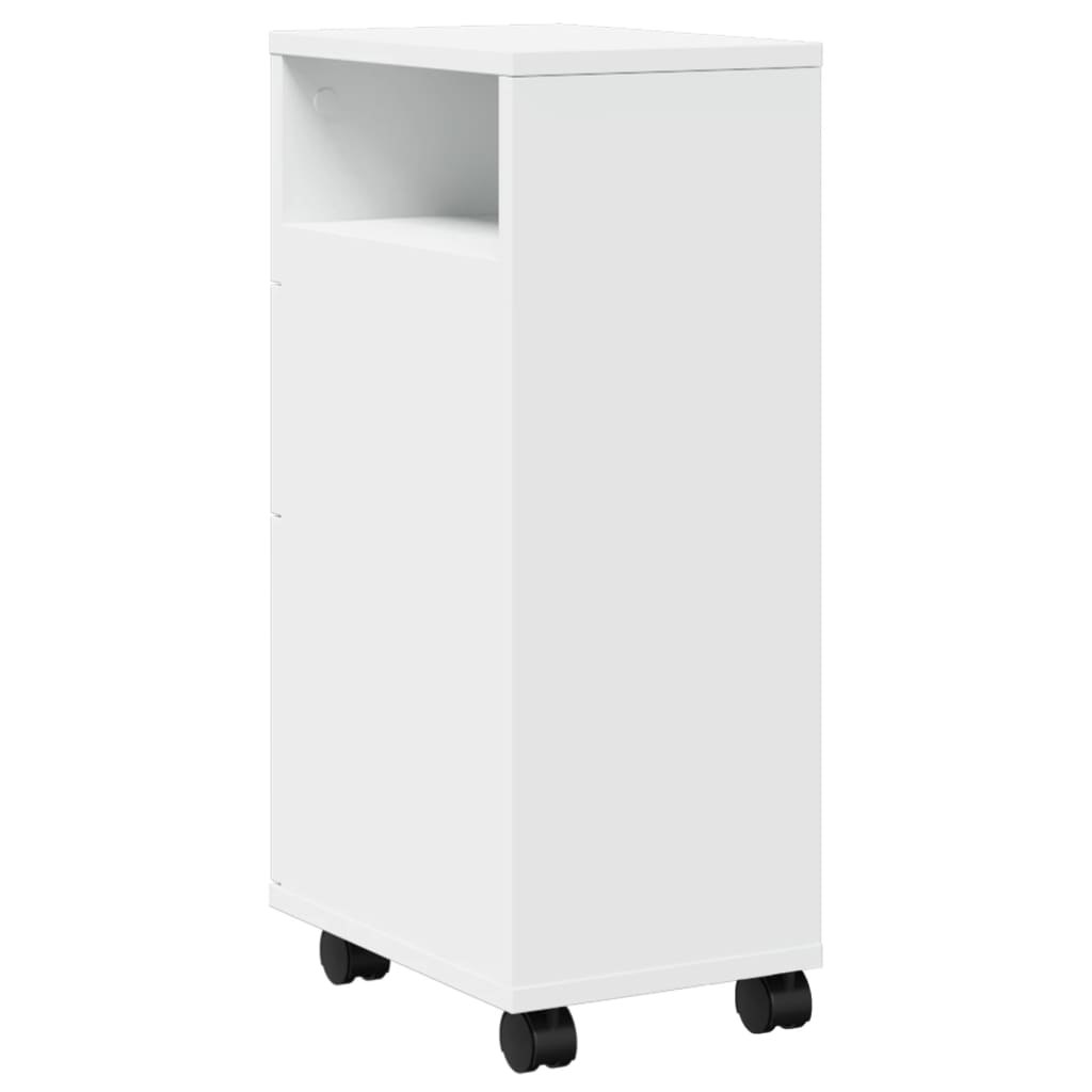 Bathroom Cabinet Narrow with Wheels White Wood Material