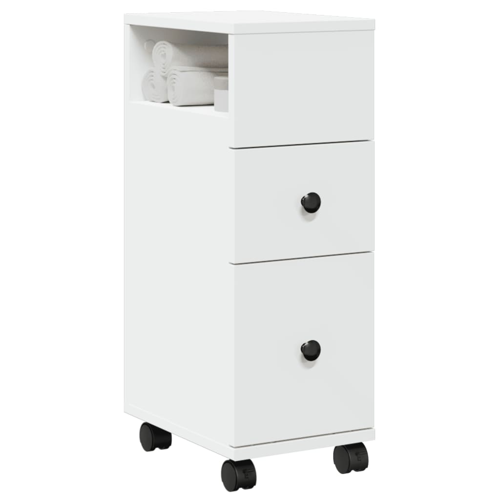 Bathroom Cabinet Narrow with Wheels White Wood Material