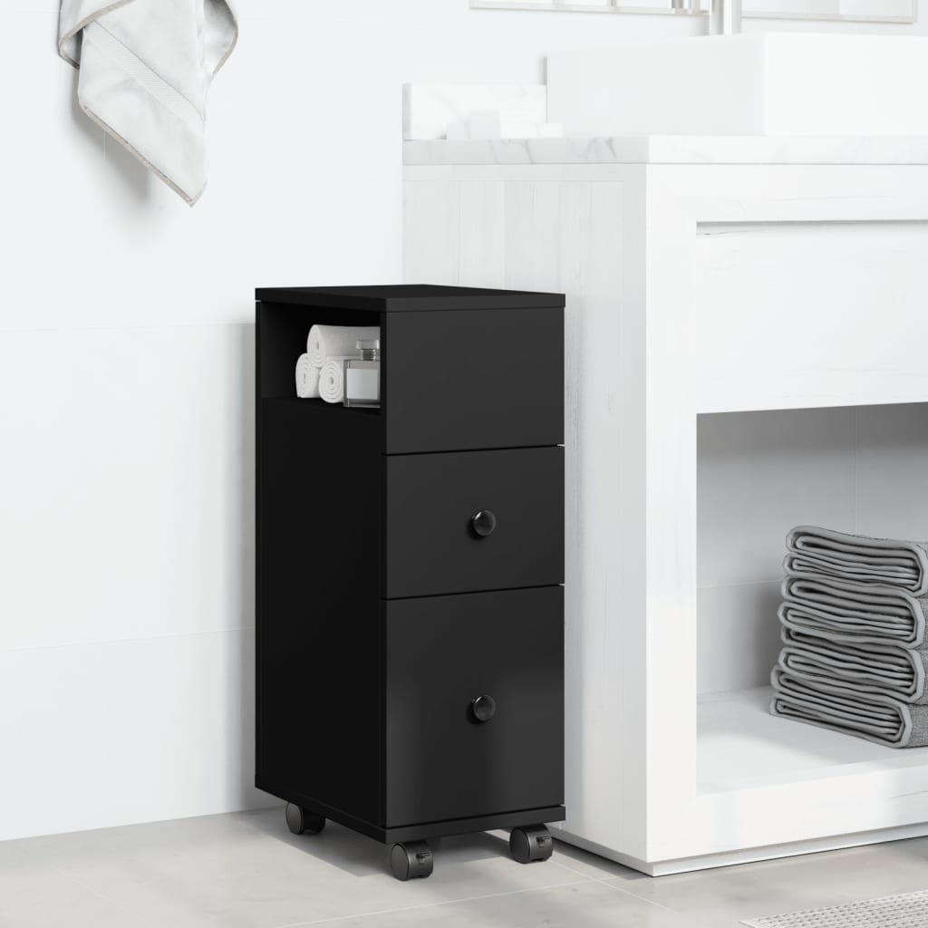 Badschrank Schmal mit Rollen Schwarz Holzwerkstoff