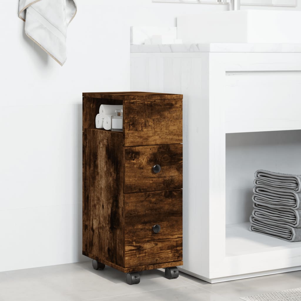 Bathroom Cabinet Narrow with Wheels Smoked Oak Wood Material