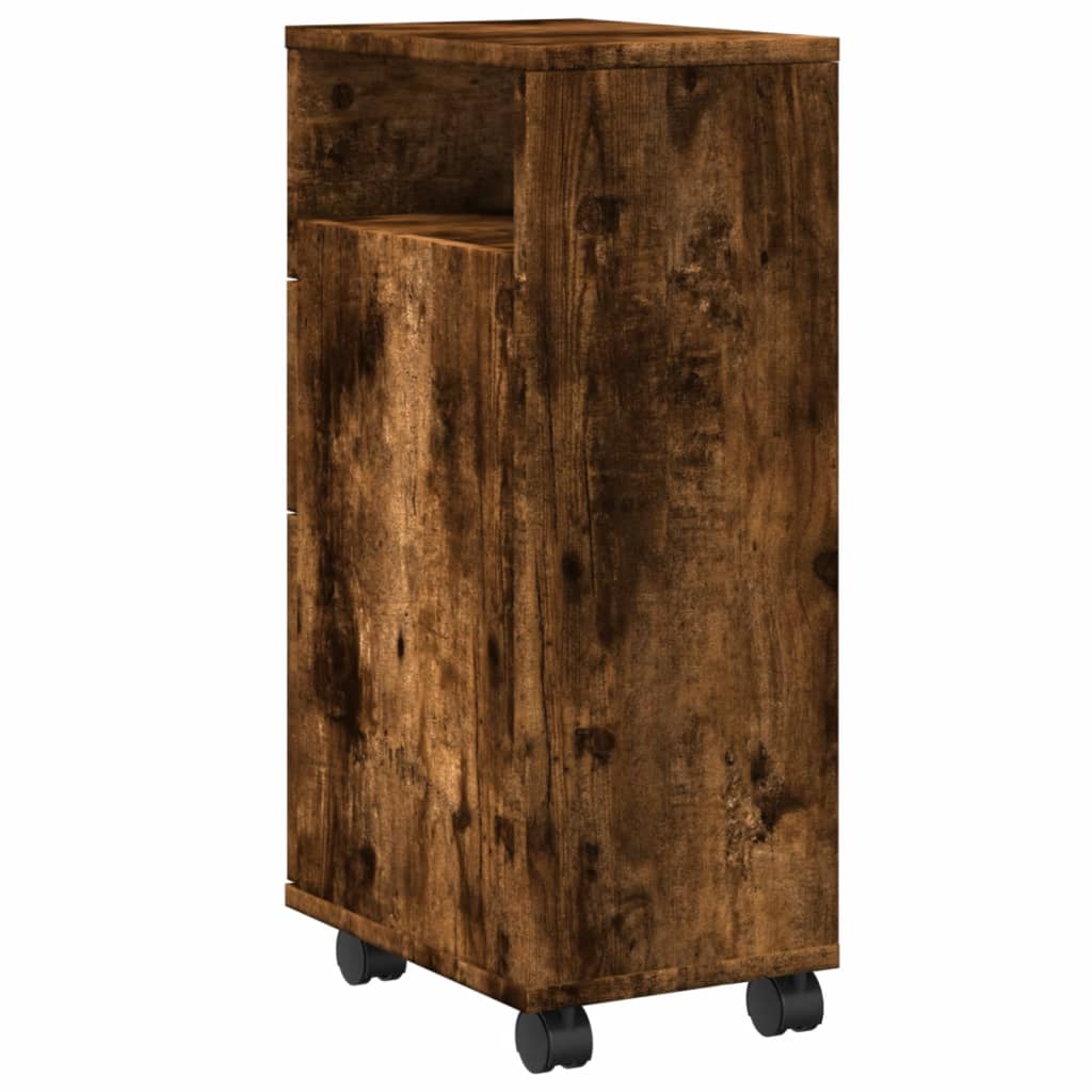 Bathroom Cabinet Narrow with Wheels Smoked Oak Wood Material