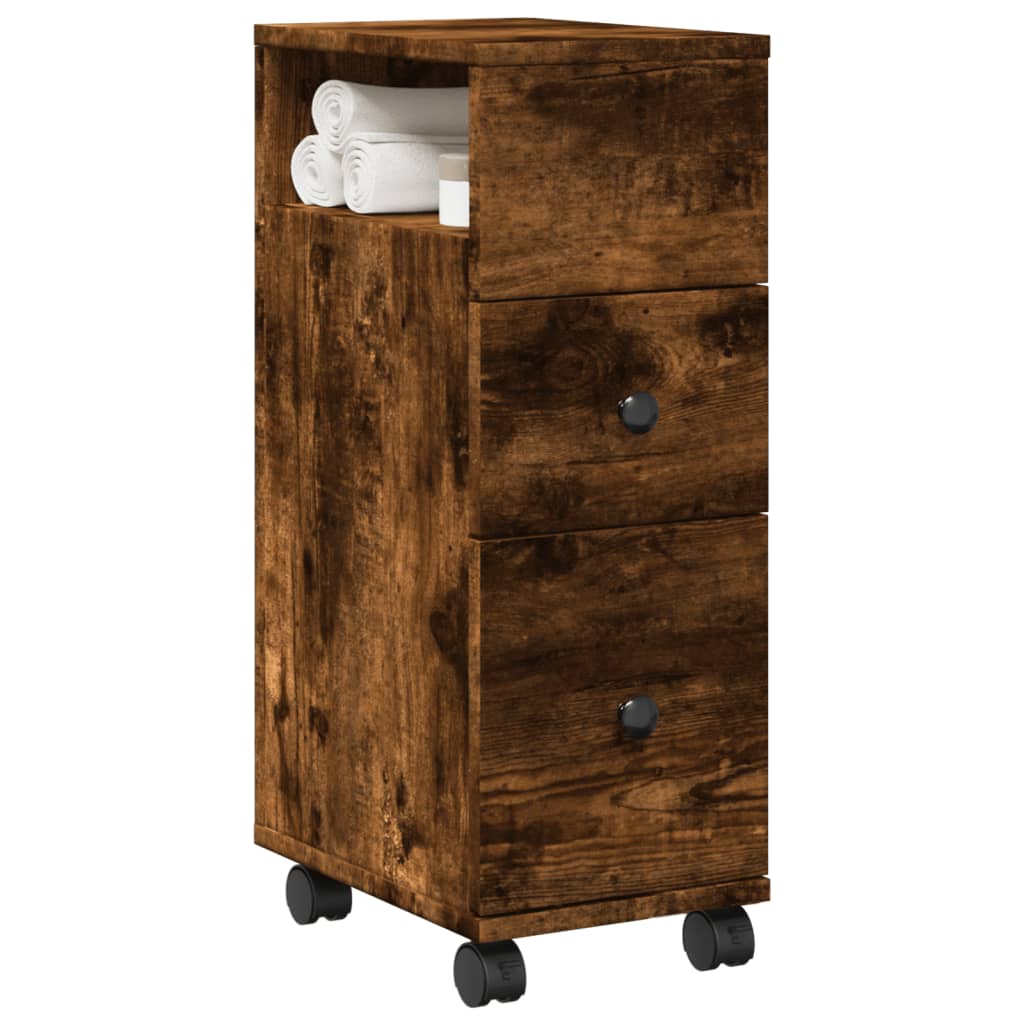 Bathroom Cabinet Narrow with Wheels Smoked Oak Wood Material