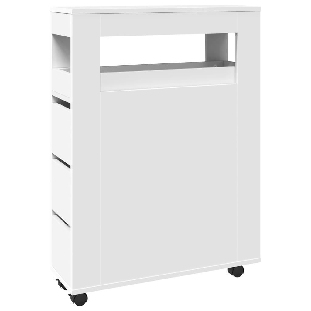 Bathroom Cabinet Narrow with Wheels White Wood Material