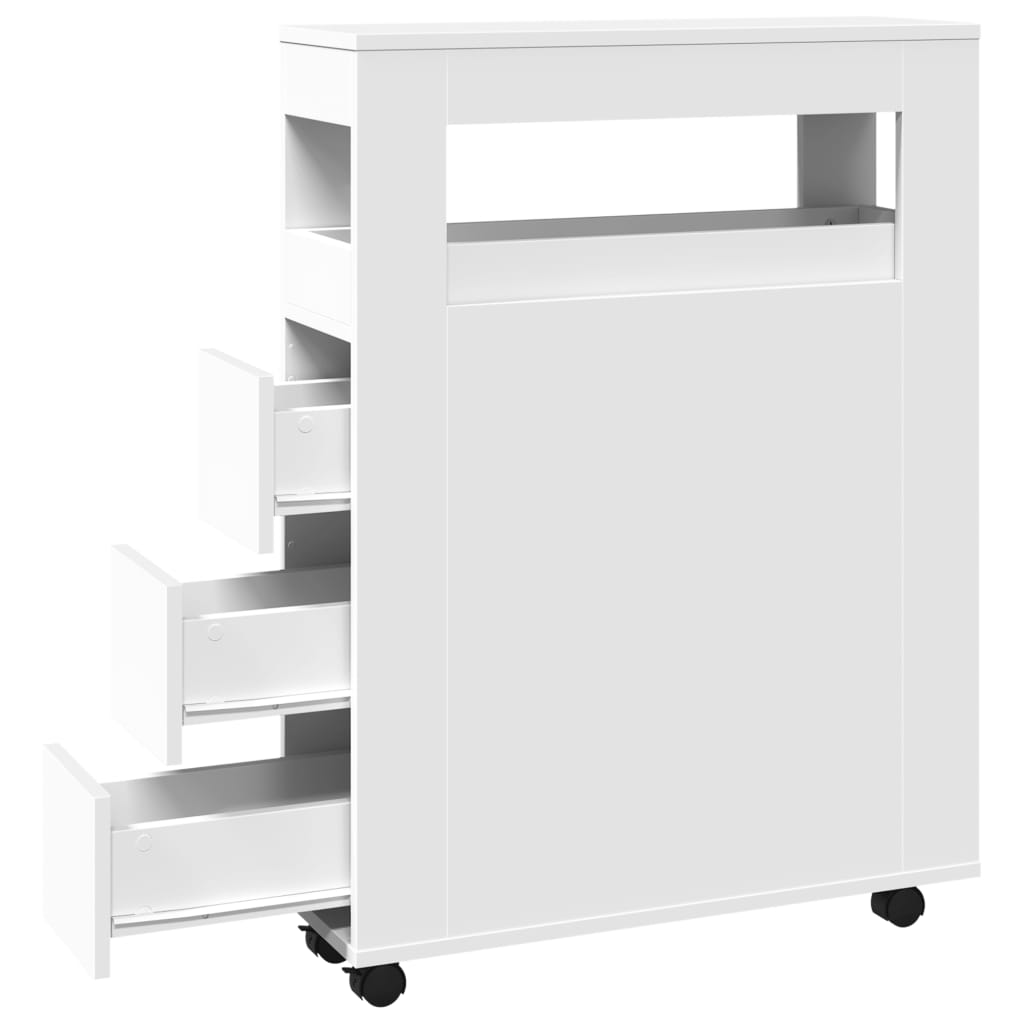 Bathroom Cabinet Narrow with Wheels White Wood Material