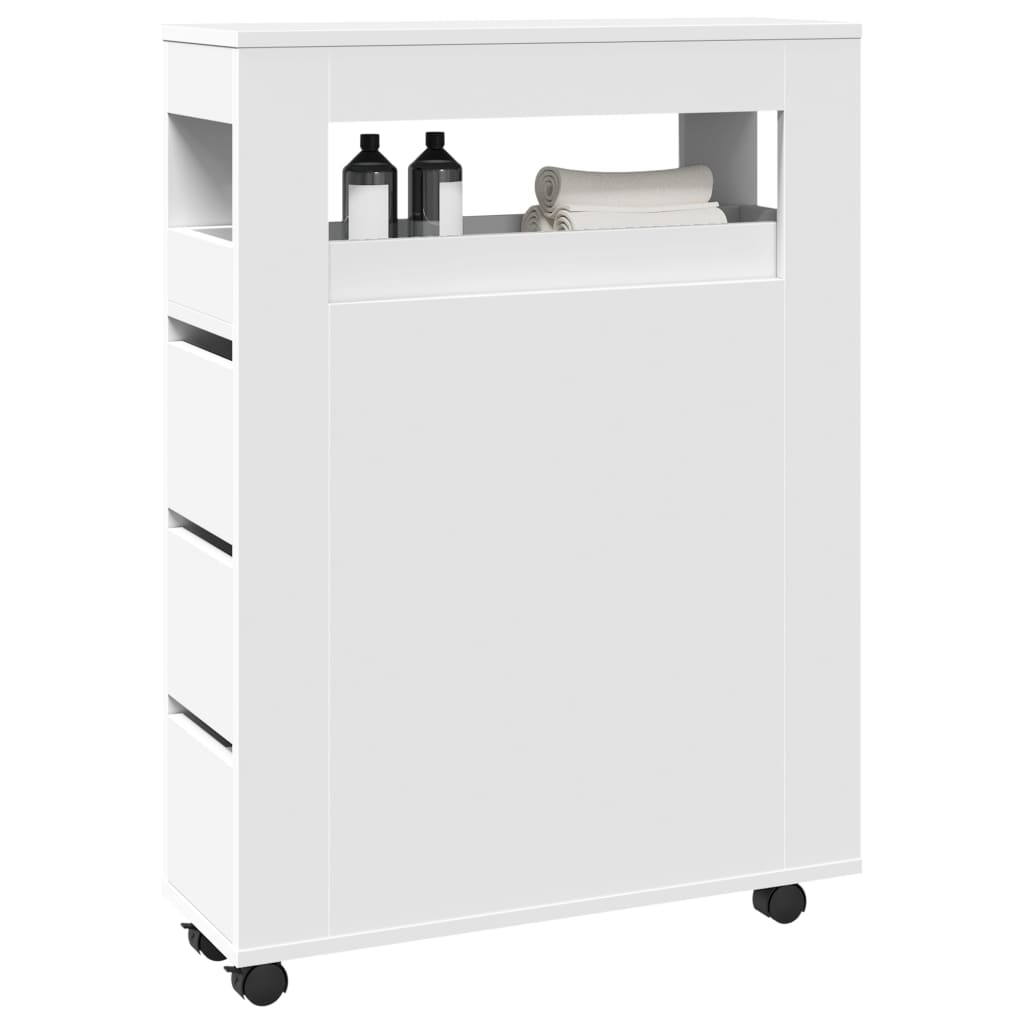 Bathroom Cabinet Narrow with Wheels White Wood Material