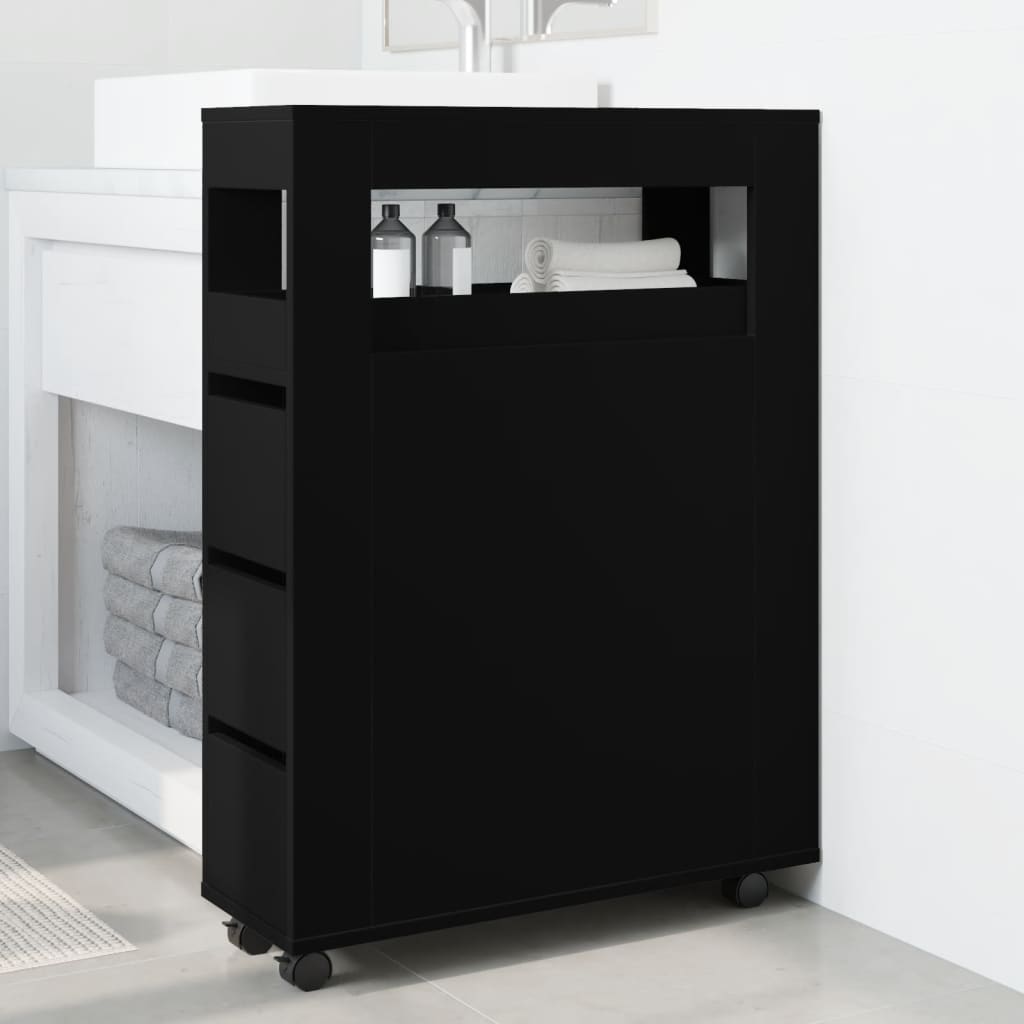 Bathroom Cabinet Narrow with Wheels Black Wood Material