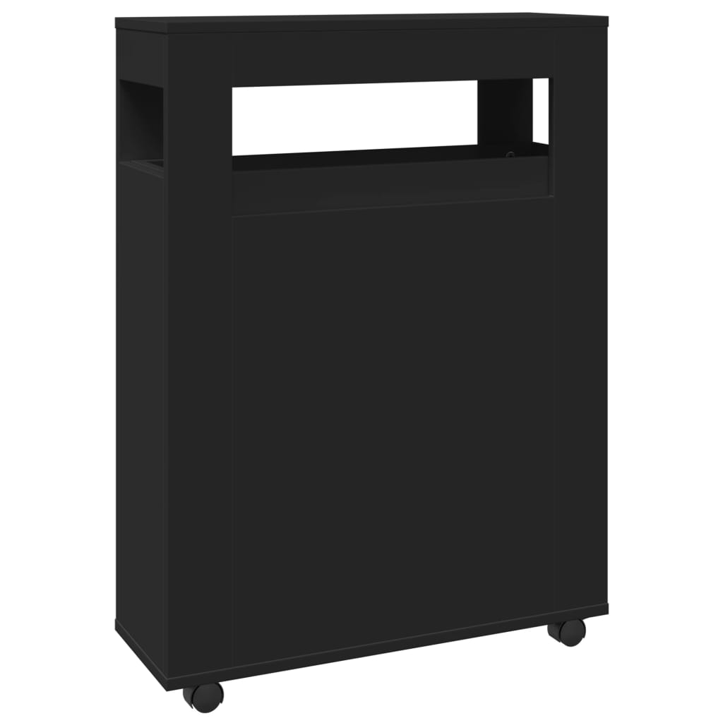 Bathroom Cabinet Narrow with Wheels Black Wood Material