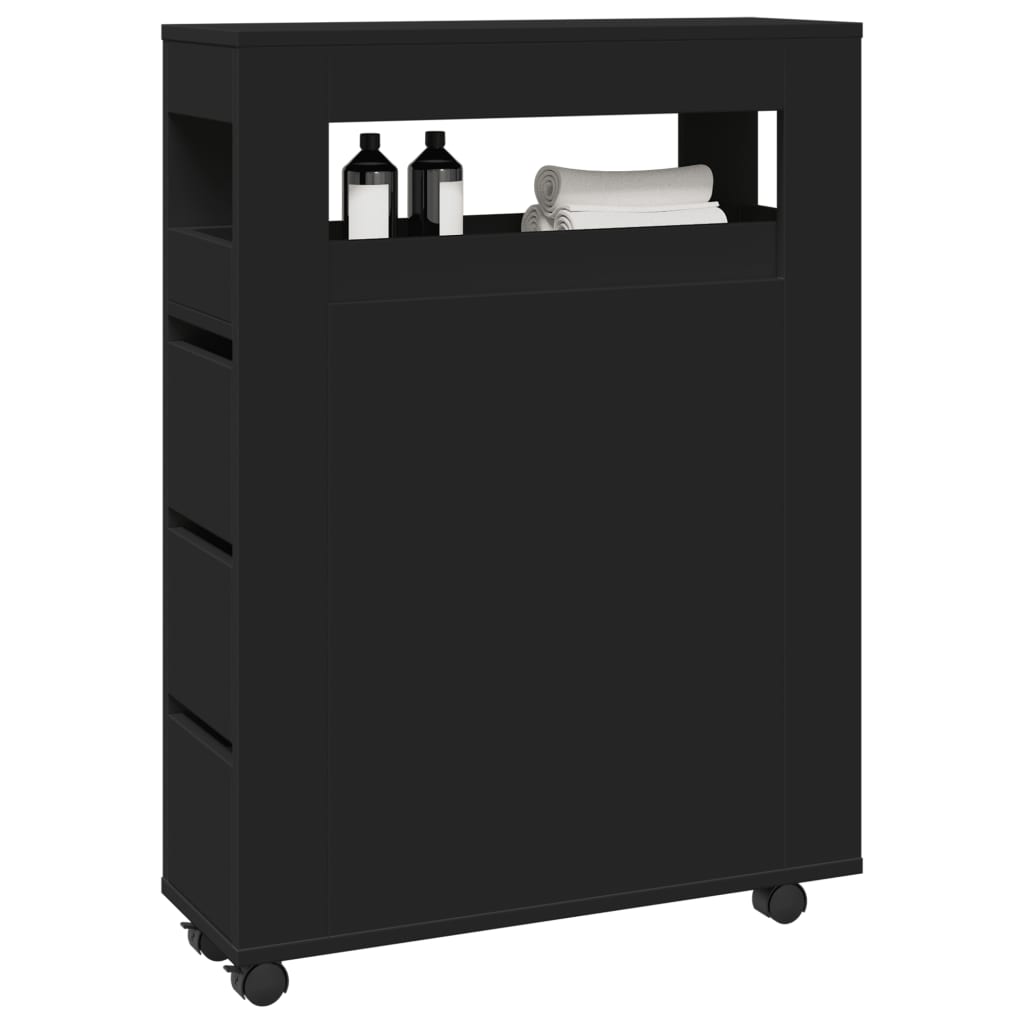 Bathroom Cabinet Narrow with Wheels Black Wood Material