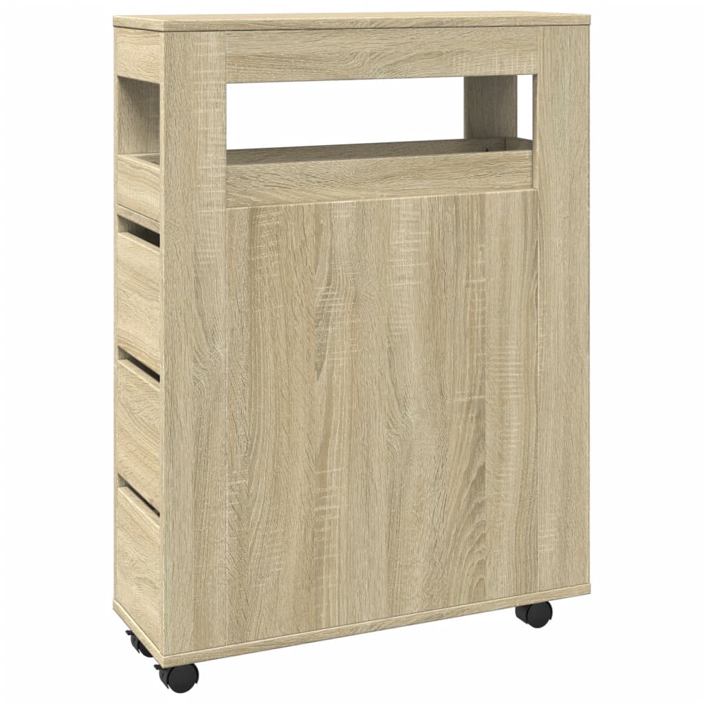 Narrow bathroom cabinet with wheels Sonoma oak wood material