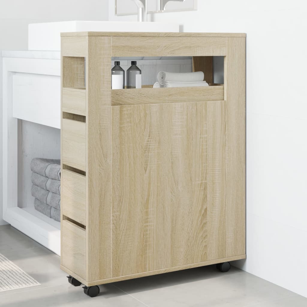 Narrow bathroom cabinet with wheels Sonoma oak wood material