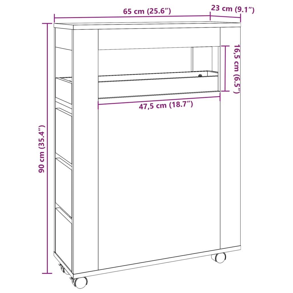 Narrow bathroom cabinet with wheels Sonoma oak wood material