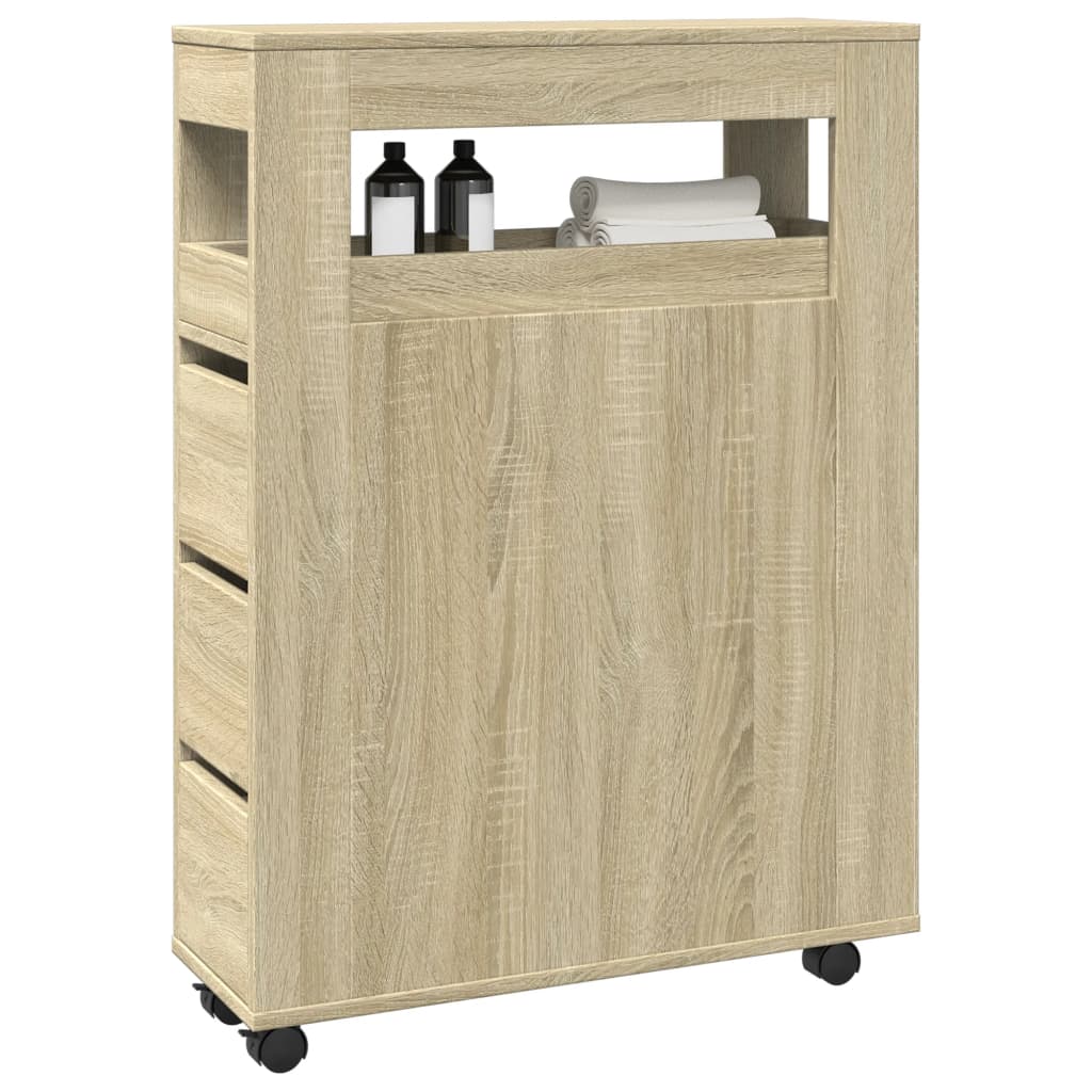 Narrow bathroom cabinet with wheels Sonoma oak wood material