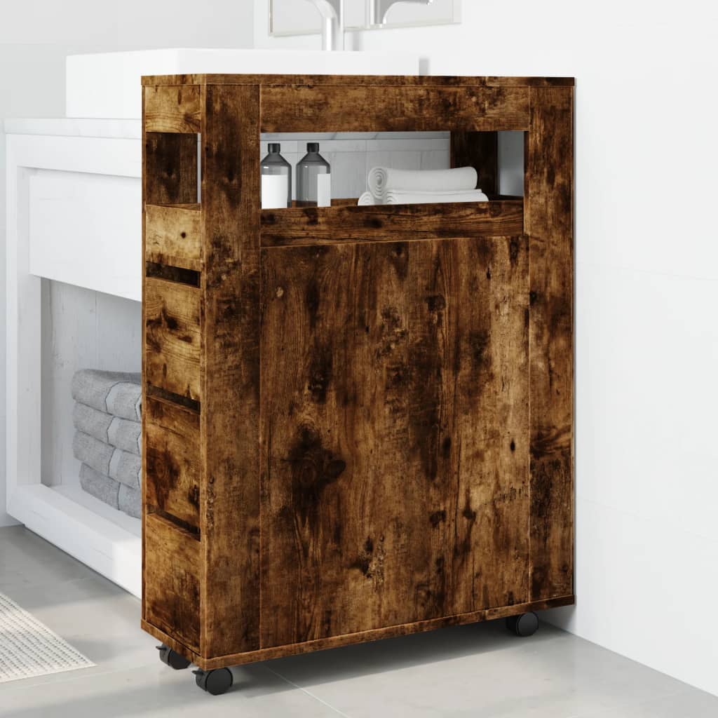 Bathroom Cabinet Narrow with Wheels Smoked Oak Wood Material