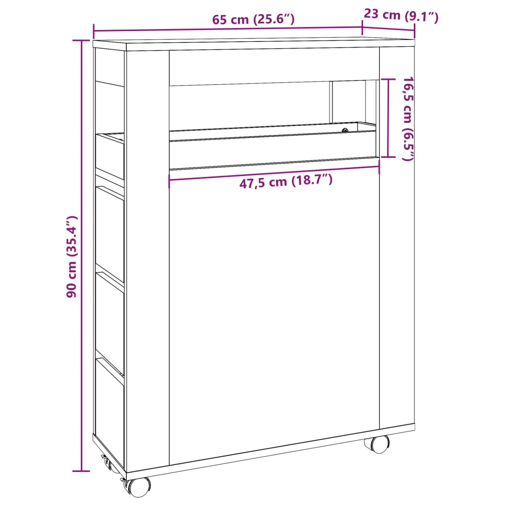 Badschrank Schmal mit Rollen Eichen-Optik Holzwerkstoff