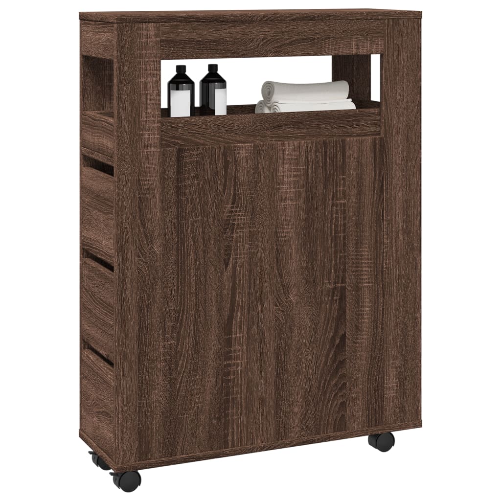 Bathroom Cabinet Narrow with Wheels Oak Look Wood Material