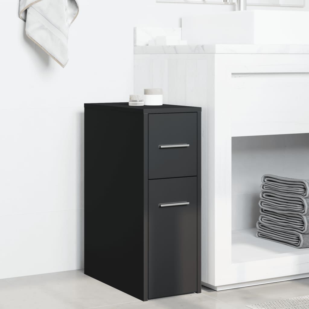 Bathroom Cabinet Narrow with Wheels Black Wood Material