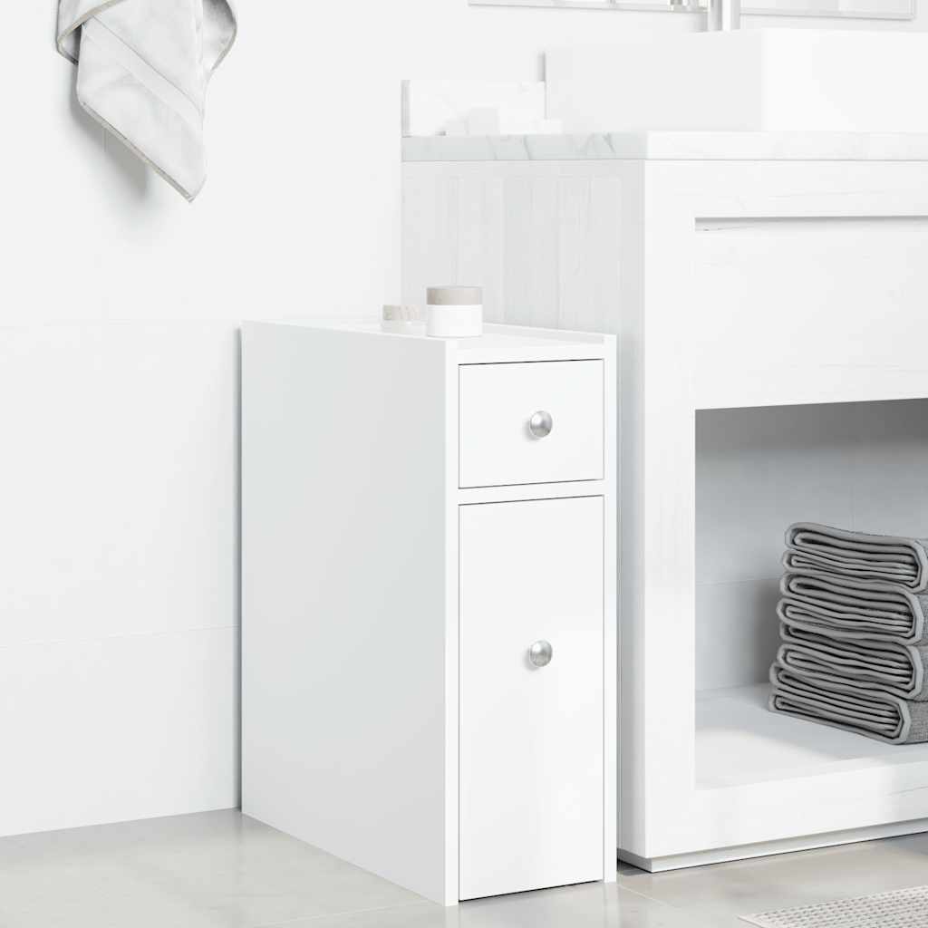 Bathroom Cabinet Narrow with Wheels White Wood Material