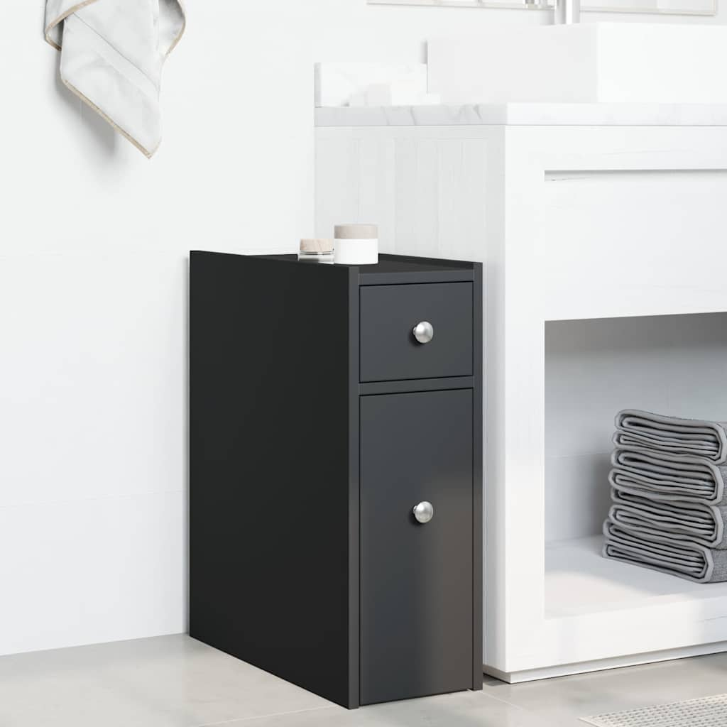 Bathroom Cabinet Narrow with Wheels Black Wood Material