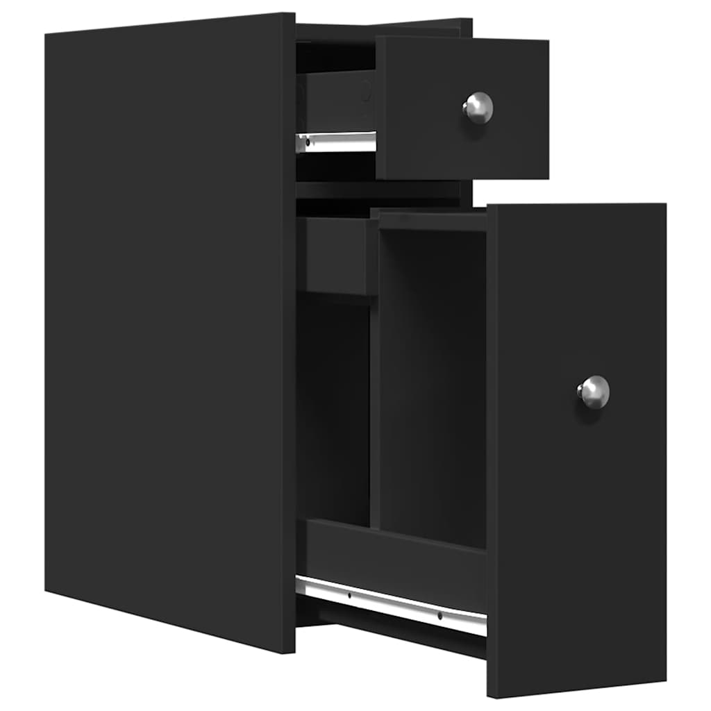 Bathroom Cabinet Narrow with Wheels Black Wood Material