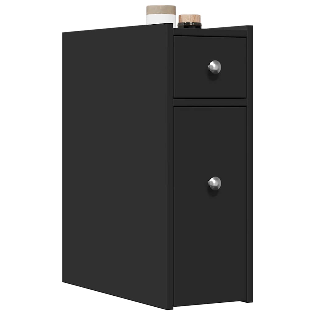 Bathroom Cabinet Narrow with Wheels Black Wood Material