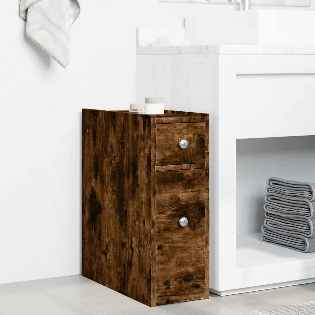 Bathroom Cabinet Narrow with Wheels Smoked Oak Wood Material