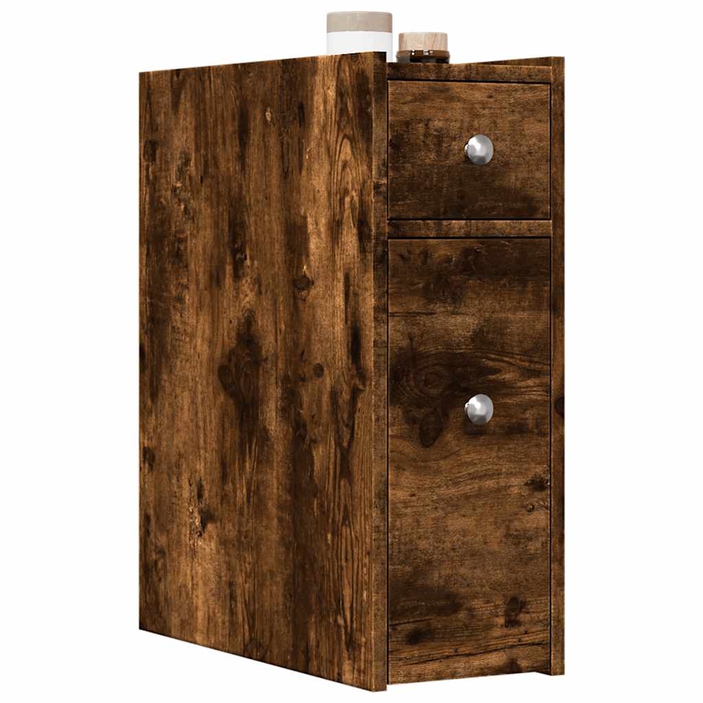 Bathroom Cabinet Narrow with Wheels Smoked Oak Wood Material