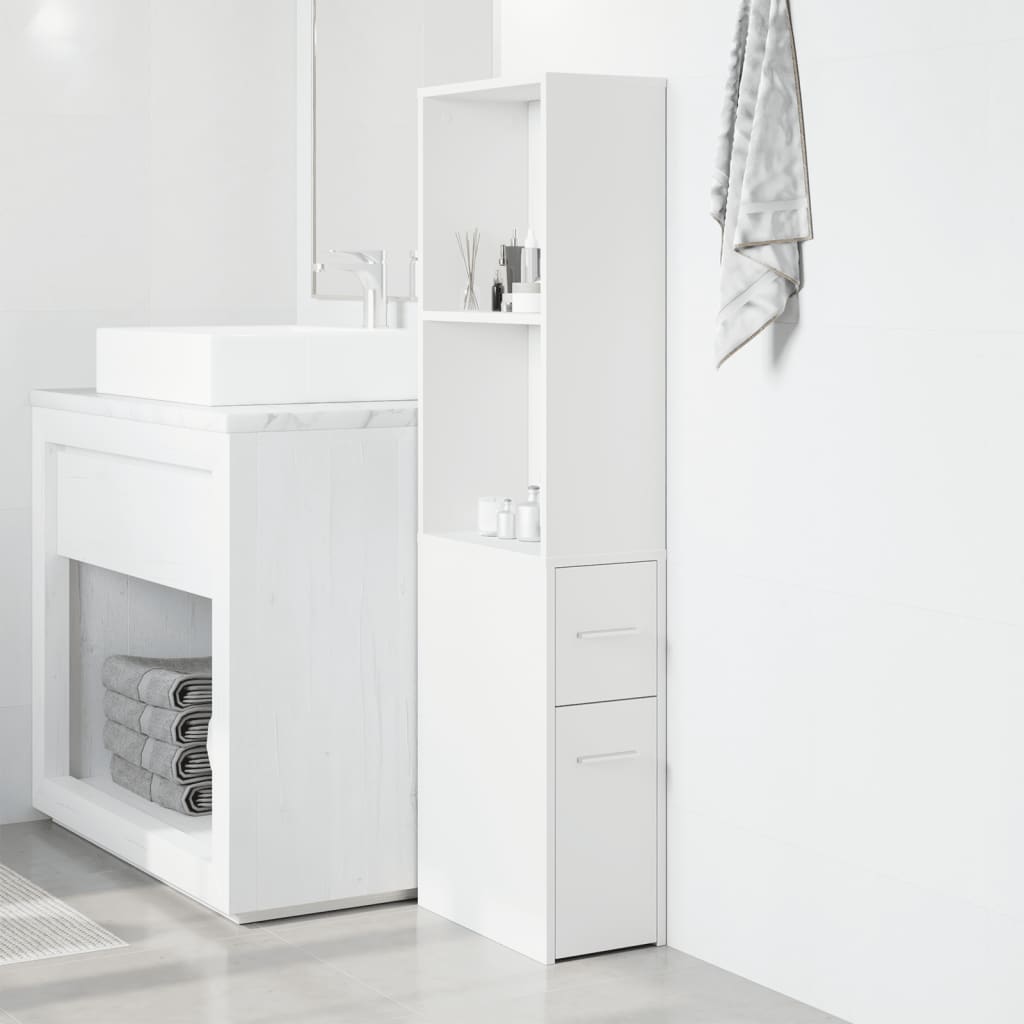 Bathroom Cabinet Narrow with Wheels White Wood Material