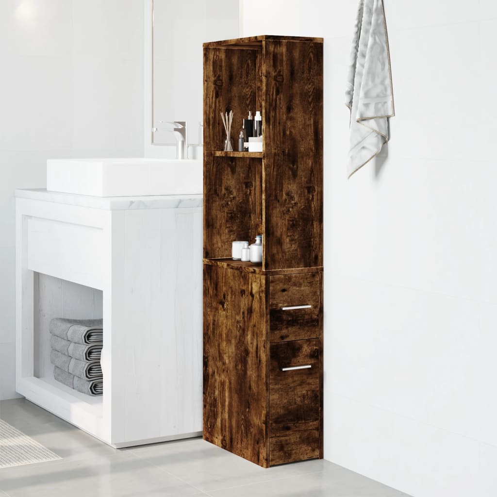 Bathroom Cabinet Narrow with Wheels Smoked Oak Wood Material