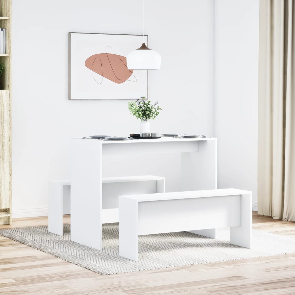 3-piece dining table and bench set white wood material