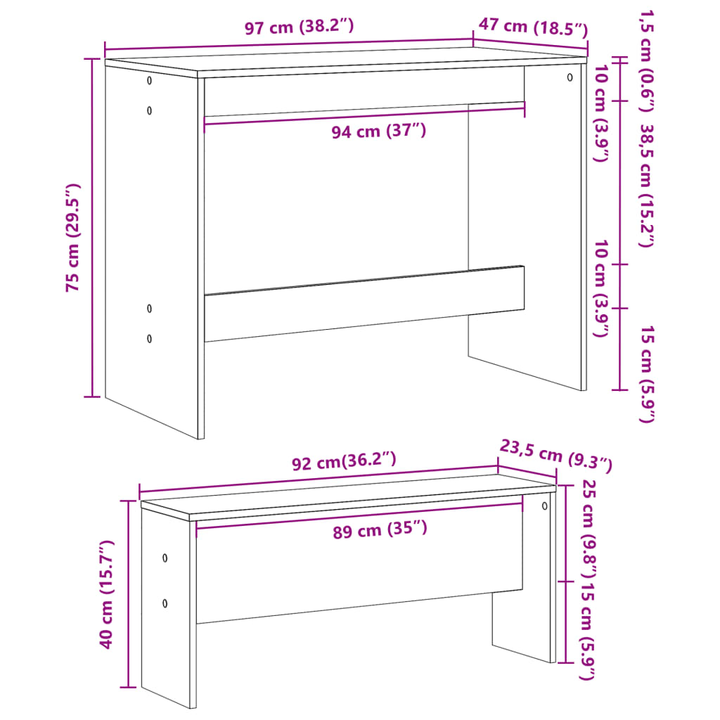 3-piece dining table and bench set white wood material