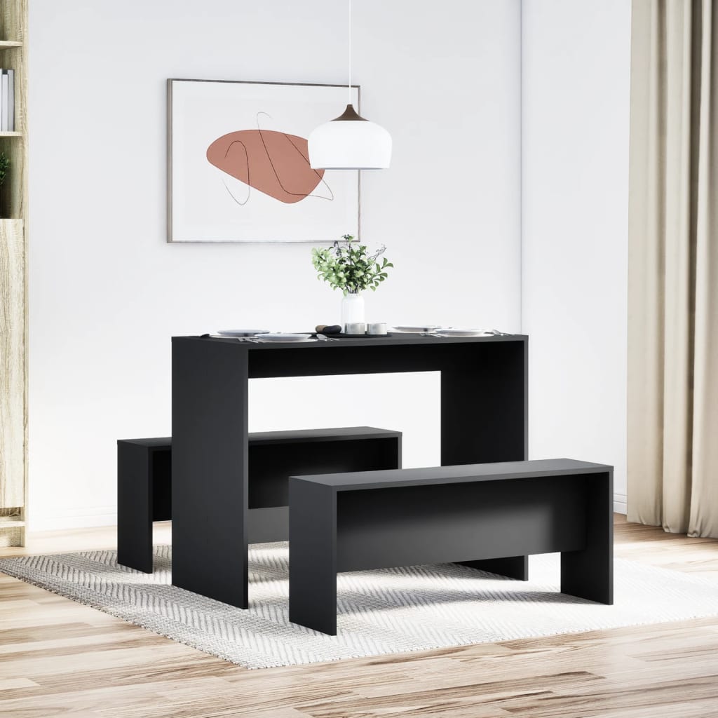 3-piece dining table and bench set black wood material