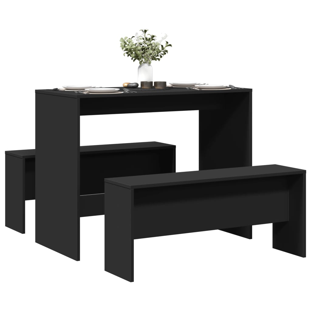 3-piece dining table and bench set black wood material