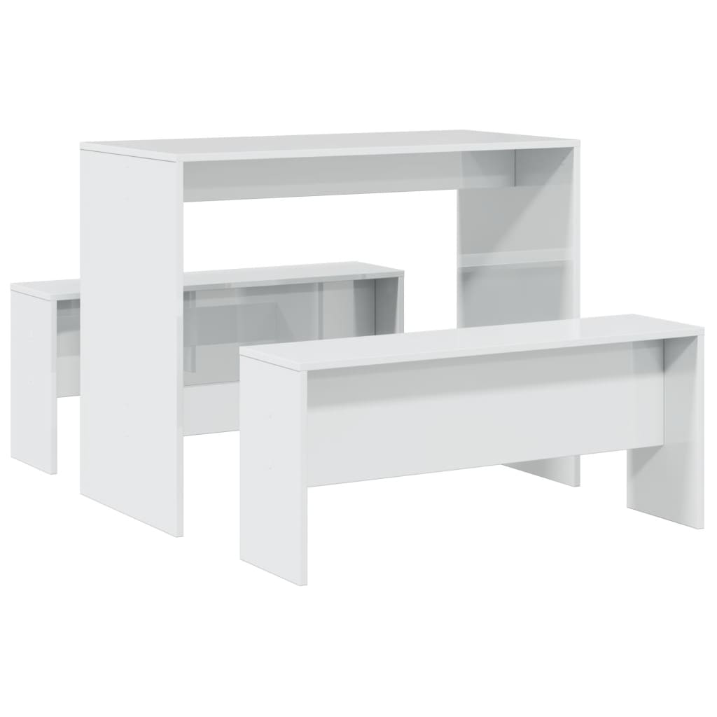 3-piece dining table and bench set high-gloss white wood material