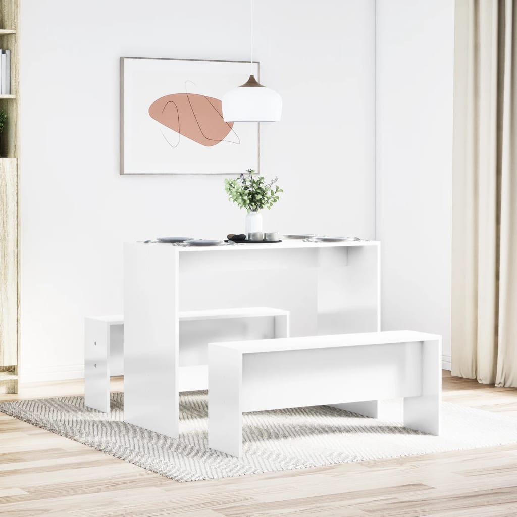 3-piece dining table and bench set high-gloss white wood material