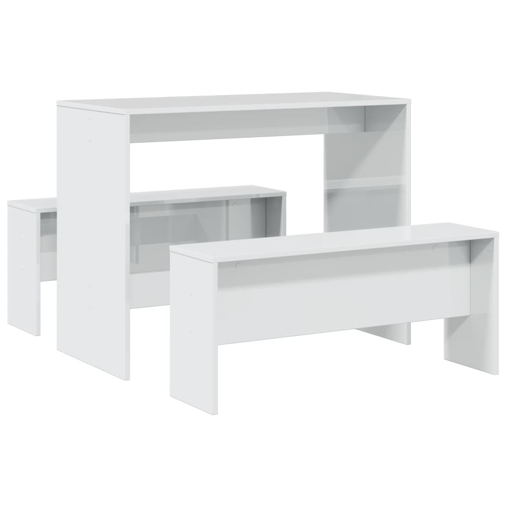 3-piece dining table and bench set high-gloss white wood material