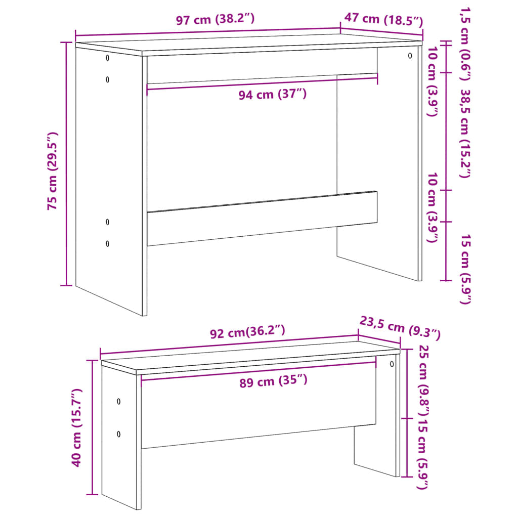 3-piece dining table and bench set high-gloss white wood material