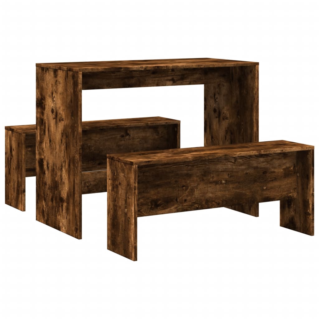 3-piece dining table and bench set smoked oak wood material