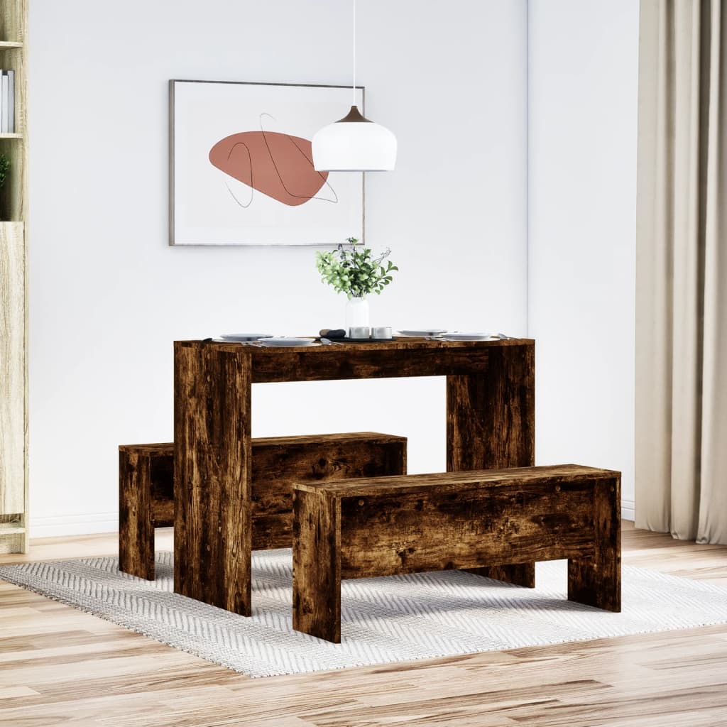 3-piece dining table and bench set smoked oak wood material